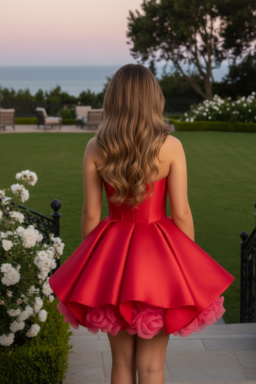 Strapless Corset Mini Dress with 3D Rose Hem