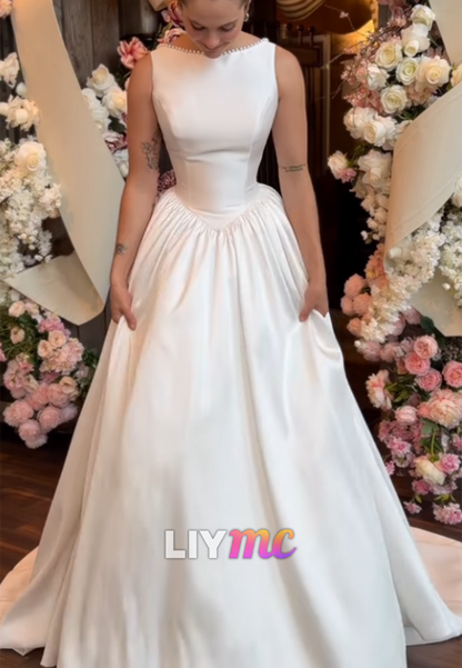 Sleeveless Satin Ball Gown with Beaded Neckline
