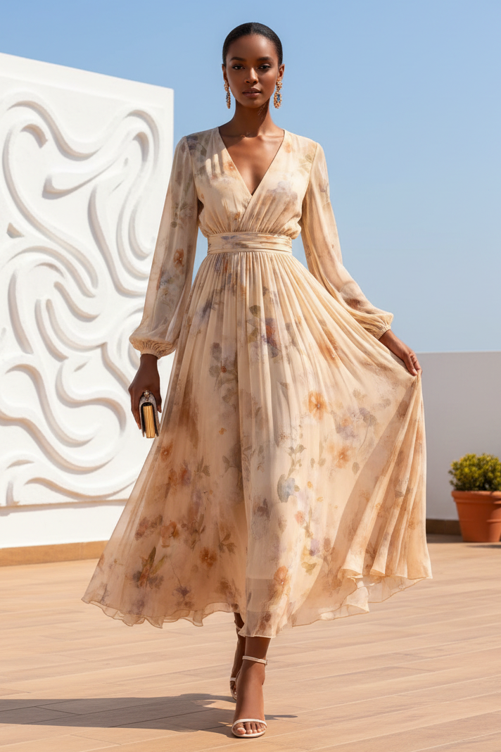 Floral Print Chiffon A-Line Maxi Dress