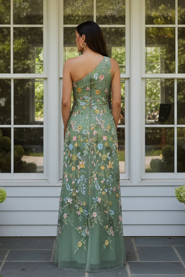 One-Shoulder Floral Embroidered Tulle Evening Gown