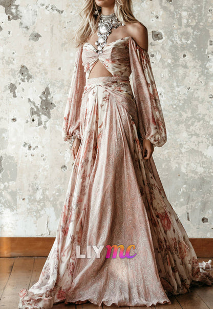 Floral Off-Shoulder Chiffon Wedding Dress