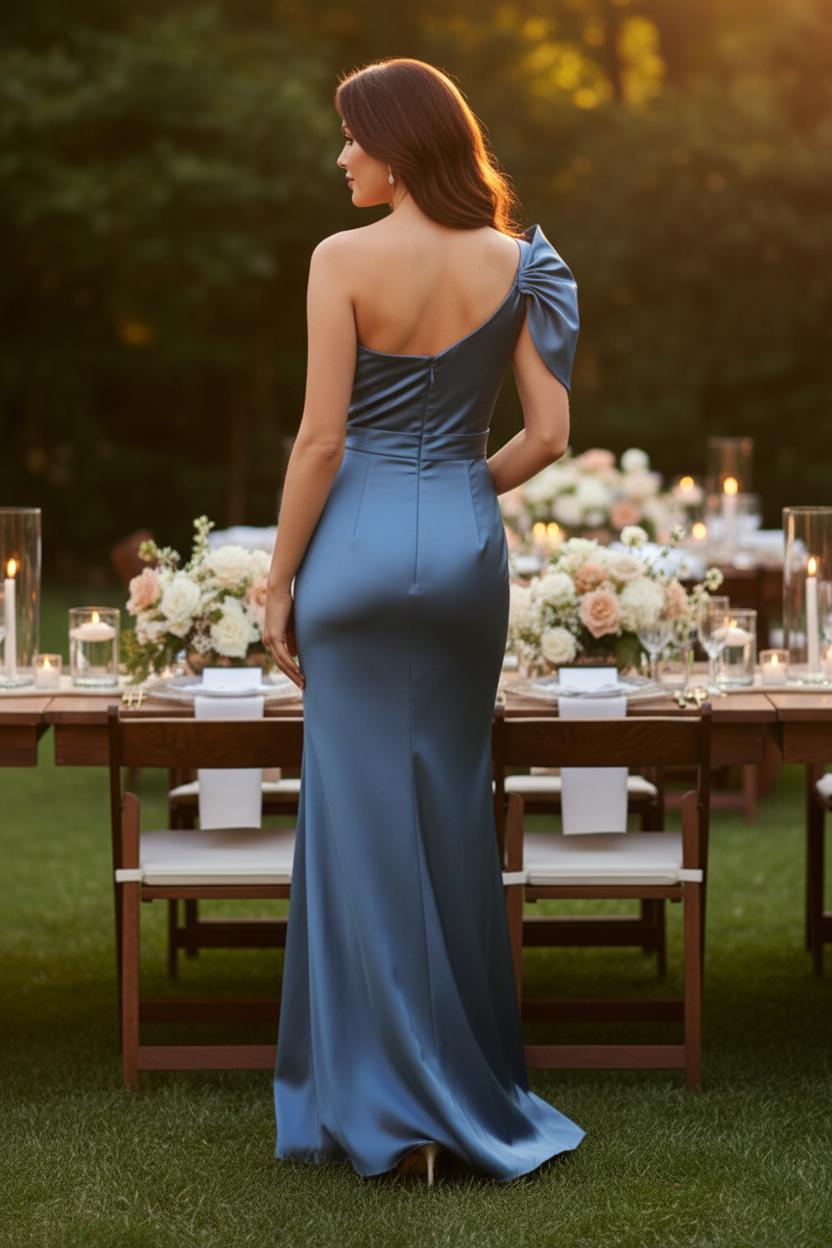 One-Shoulder Pleated Satin Mermaid Evening Gown