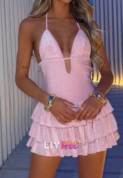 Halter Neck Tiered Ruffle Mini Dress