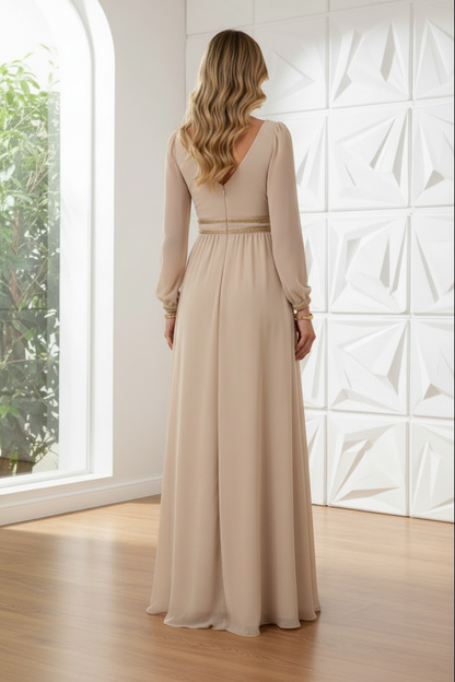 Deep V-Neck Long Sleeve Chiffon Evening Gown with Slit