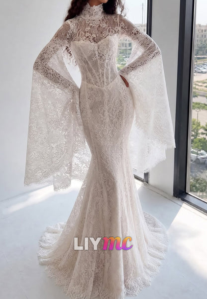 Long-Sleeve Lace Mermaid Wedding Gown, High Neckline