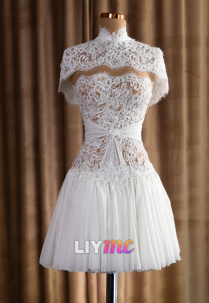 High Neck Capelet Lace Short Wedding Dress