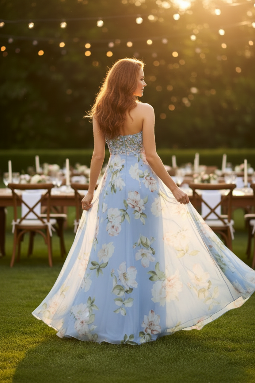 Strapless 3D Floral Chiffon A-Line Evening Gown