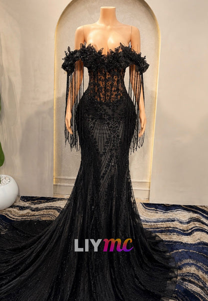 Beaded Corset Mermaid Gown with Fringe