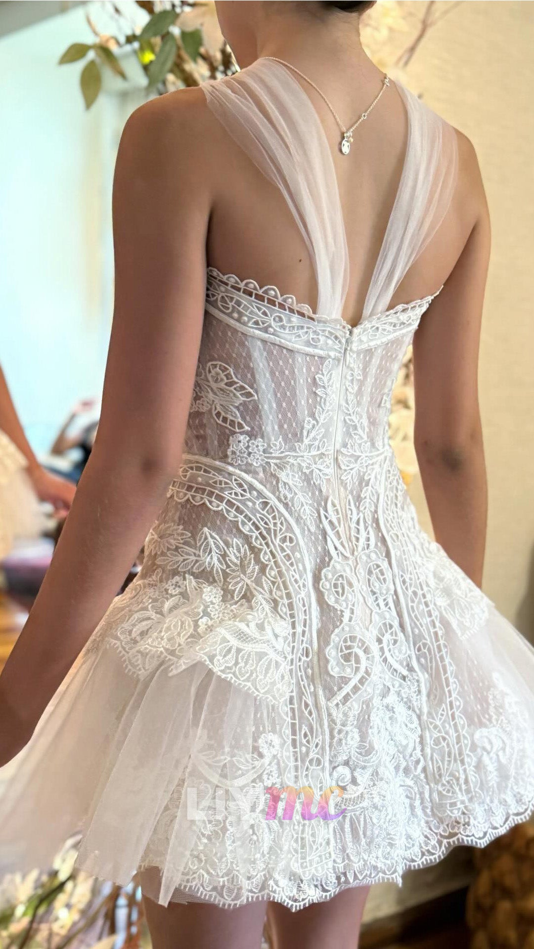 Lace Halter Mini Dress with Tulle Skirt