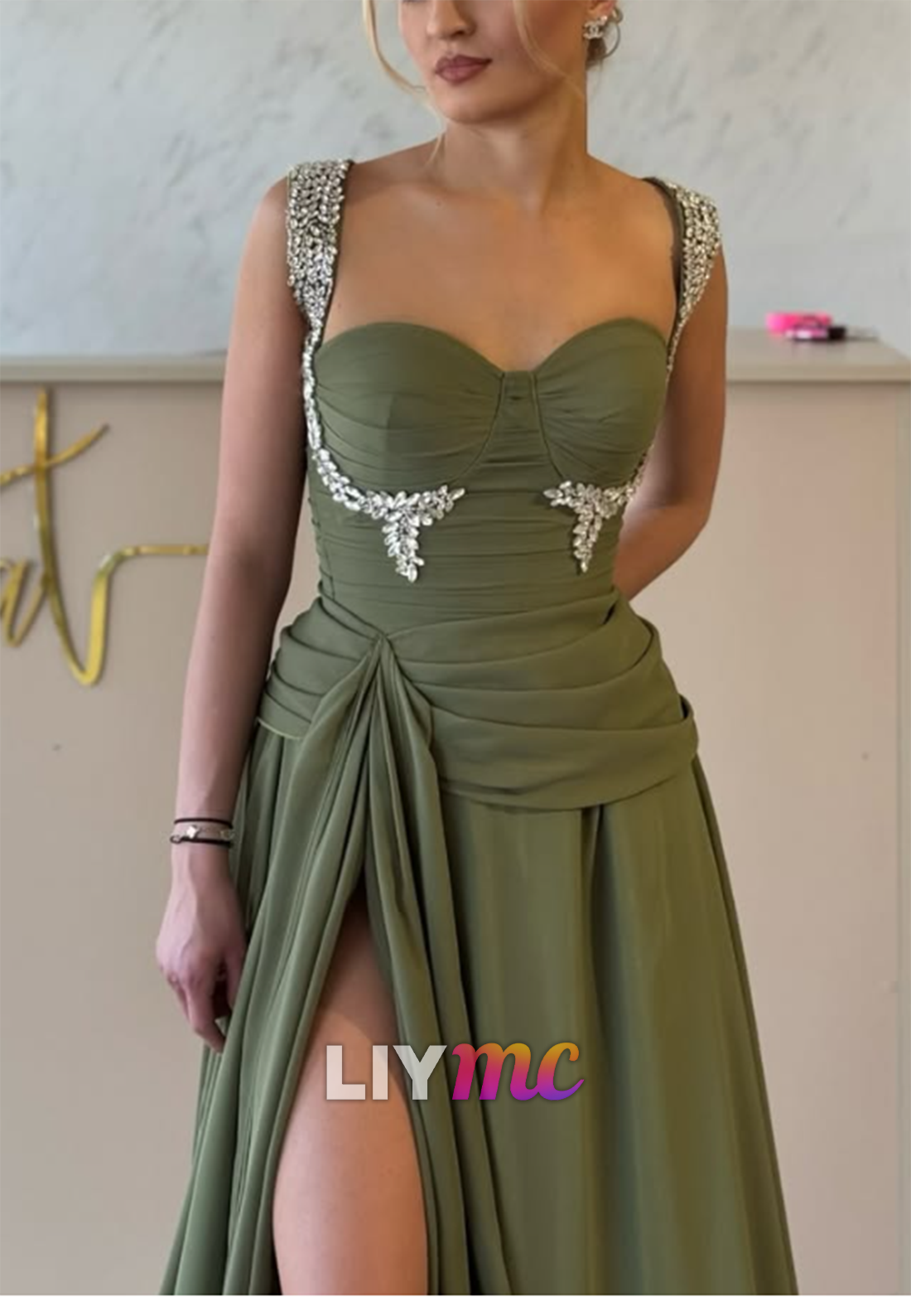 A-Line Evening Gown with Crystal Straps & High Slit Skirt