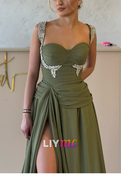 A-Line Evening Gown with Crystal Straps & High Slit Skirt