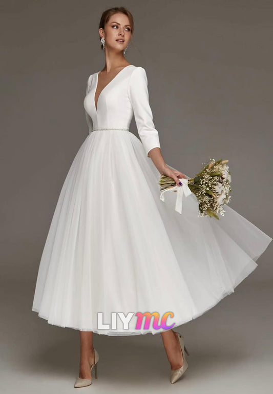 Deep V-Neck Tea-Length Wedding Dress, 3/4 Sleeves
