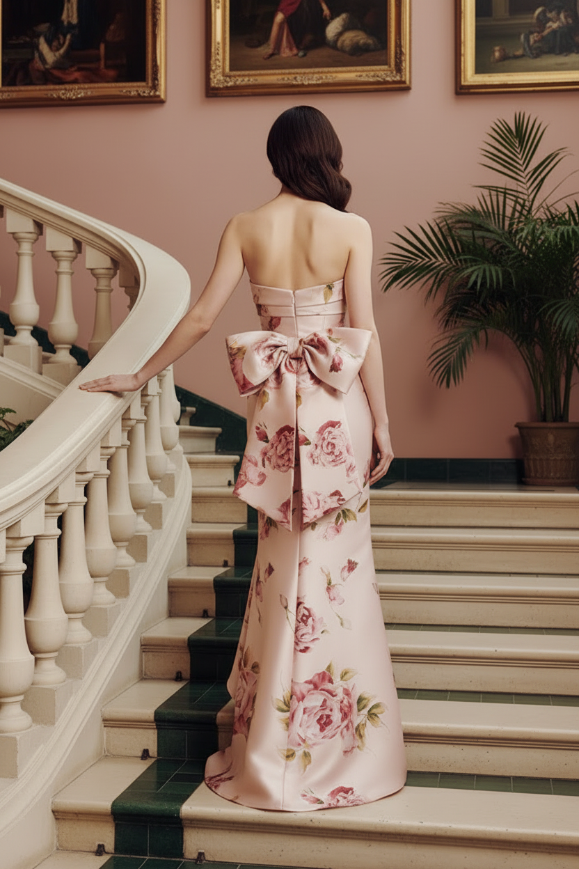 Strapless Floral Satin Column Gown with Back Ruffle