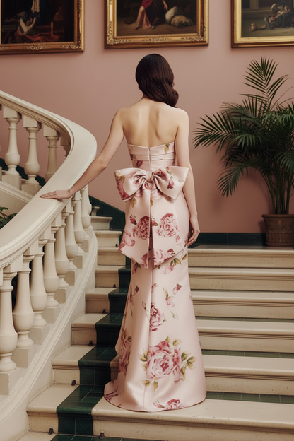 Strapless Floral Satin Column Gown with Back Ruffle