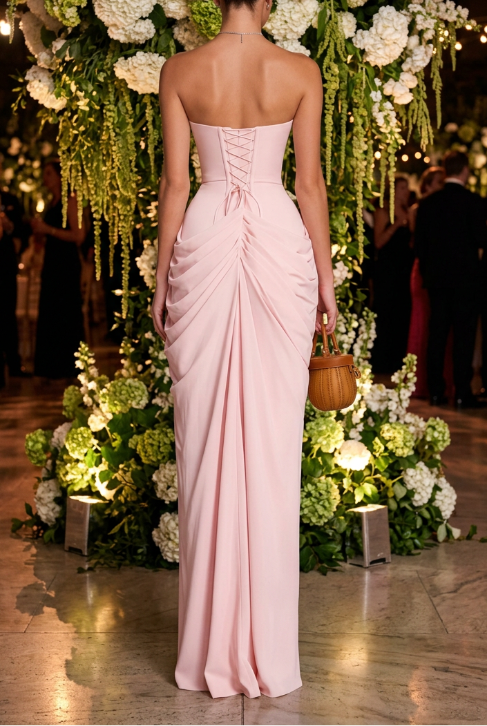 Strapless Corset Gown with Draped Slit Skirt