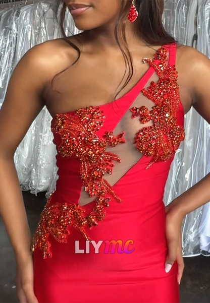 One-Shoulder Beaded Cutout Mermaid Gown