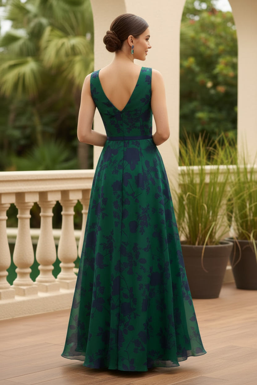 Floral V-Neck Sleeveless A-Line Gown