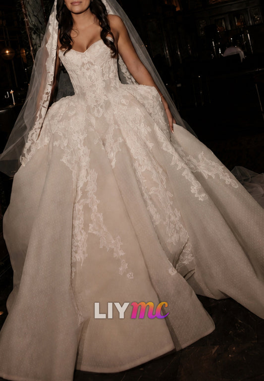 Strapless Lace Applique Ball Gown Wedding Dress