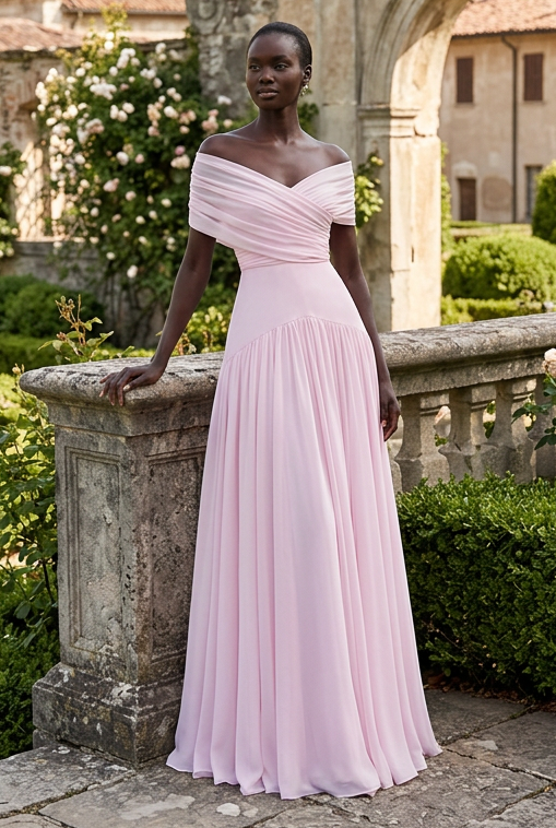 Off-the-Shoulder Pleated Gown with Basqued Waist