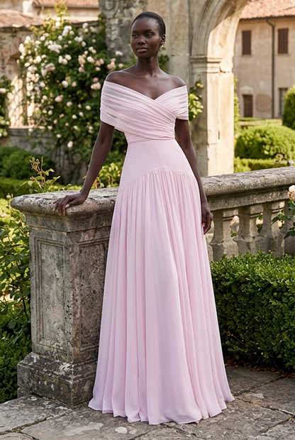 Off-the-Shoulder Pleated Gown with Basqued Waist