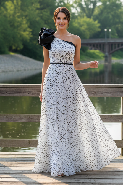 One-Shoulder Polka Dot Evening Gown