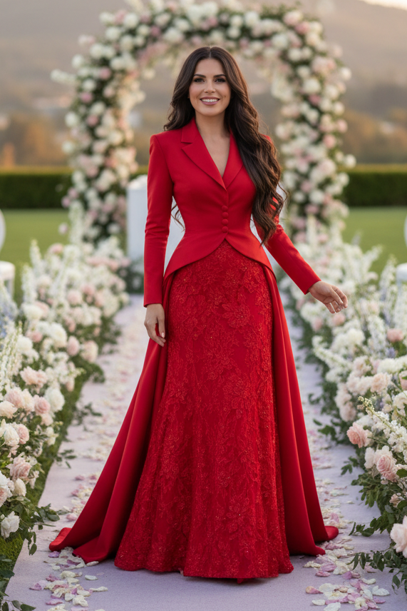 Tailored Lapel Evening Gown with Lace Skirt