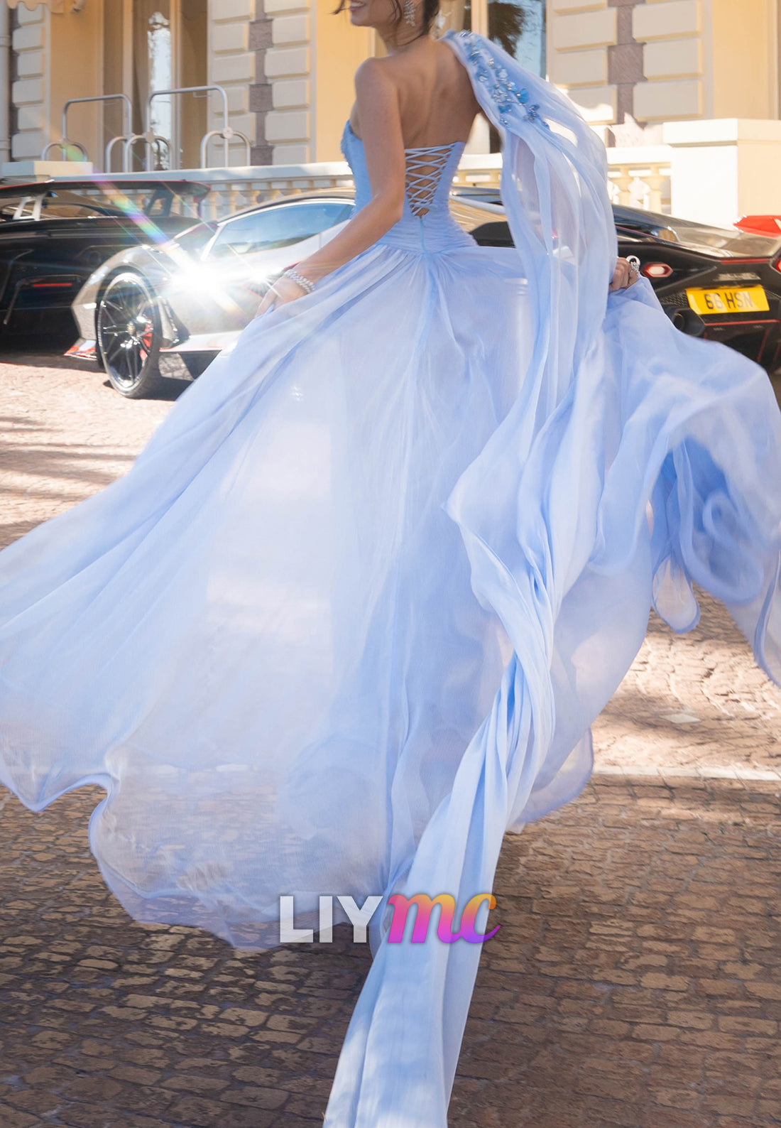 One-Shoulder Floral Applique Chiffon Gown