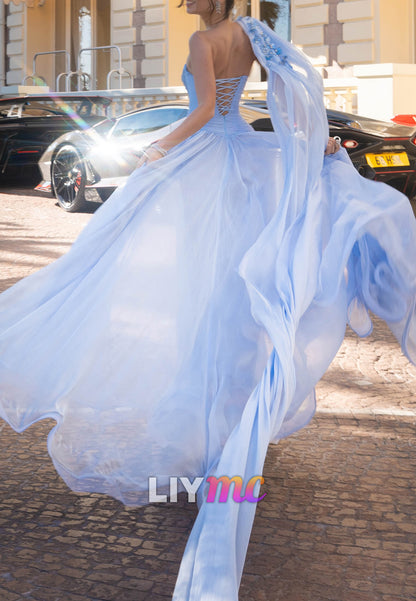 One-Shoulder Floral Applique Chiffon Gown