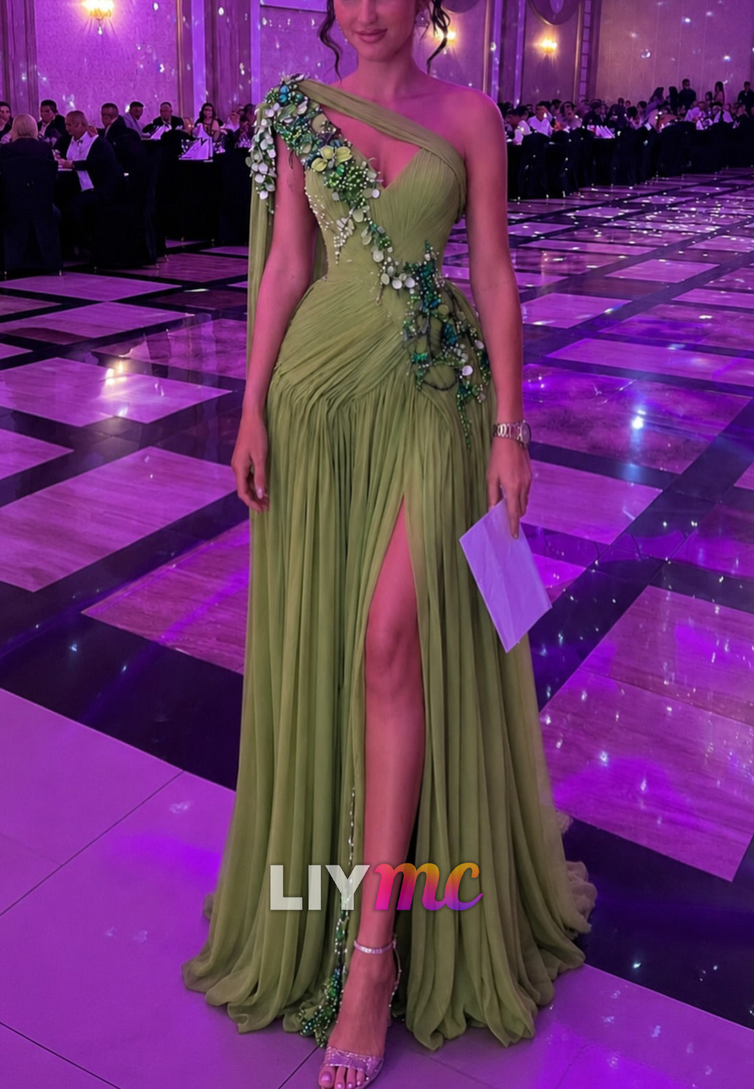 One-Shoulder Pleated Chiffon Gown with 3D Florals