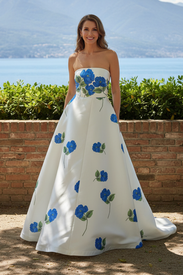 Strapless Floral Print Satin A-Line Ball Gown