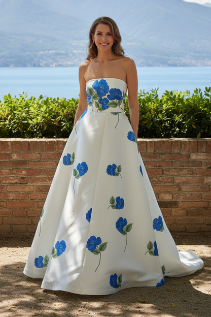 Strapless Floral Print Satin A-Line Ball Gown