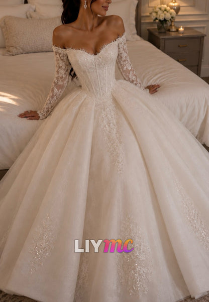 Off-the-Shoulder Lace Corset Ball Gown Wedding Dress