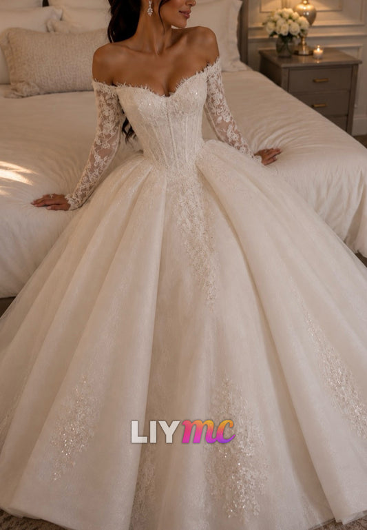 Off-the-Shoulder Lace Corset Ball Gown Wedding Dress
