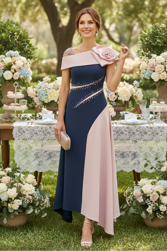 Asymmetrical Two-Tone Midi Dress with 3D Flower