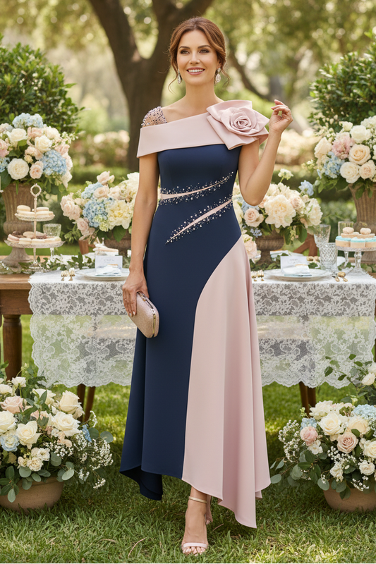 Asymmetrical Two-Tone Midi Dress with 3D Flower