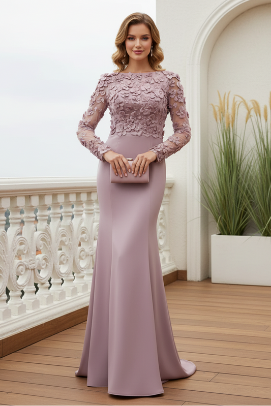 3D Floral Long Sleeve Mermaid Gown