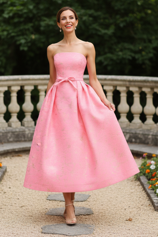 Strapless Metallic Jacquard A-Line Midi Dress