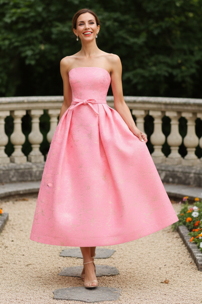 Strapless Metallic Jacquard A-Line Midi Dress