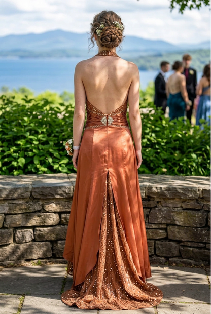 Halter Beaded Evening Gown with Lace Train