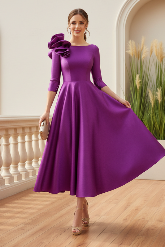 Ruffle Shoulder Tea-Length A-Line Dress