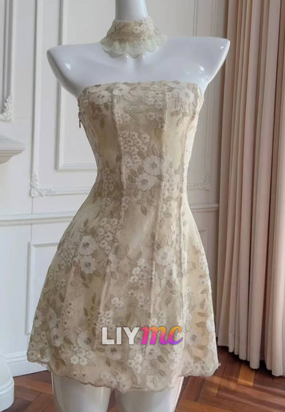 Strapless Floral Lace Mini Dress with Choker Collar