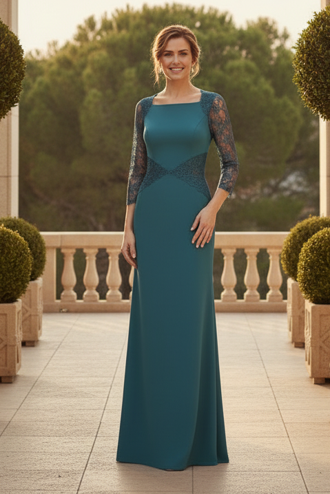 Sheath Evening Gown with Lace 3/4 Sleeves & Square Neck