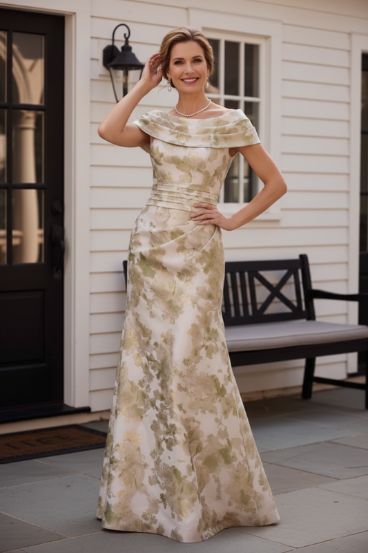 Off-the-Shoulder Floral Print A-Line Evening Gown