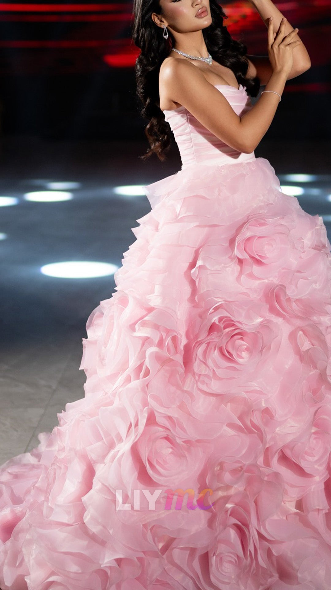 Strapless Rosette Tiered Ball Gown