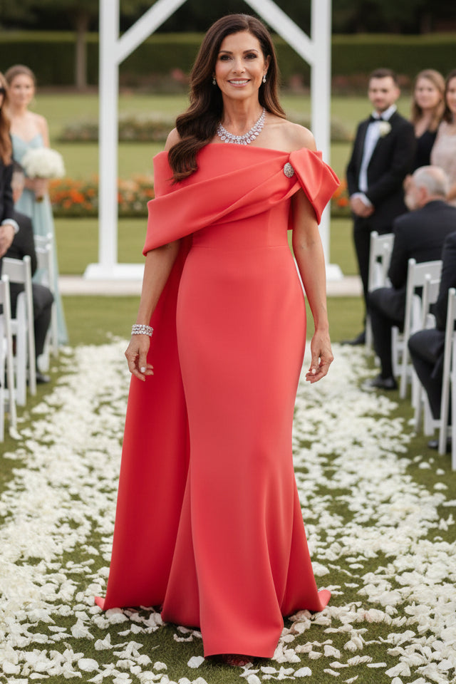 Off-the-Shoulder Column Gown with Cape Train