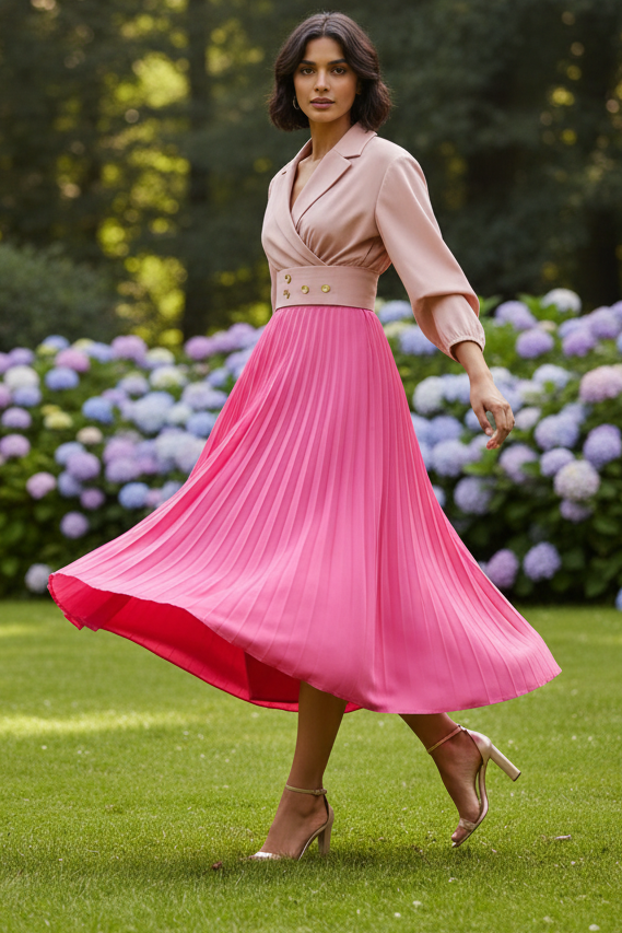 Lapel Wrap Pleated Midi Dress with Pockets