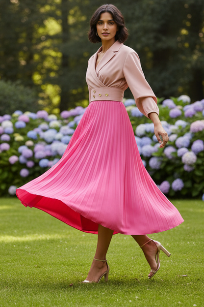 Lapel Wrap Pleated Midi Dress with Pockets