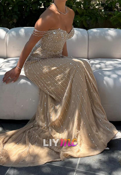Beaded Sweetheart Off-the-Shoulder Column Gown