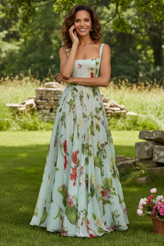 Floral Chiffon A-Line Evening Gown