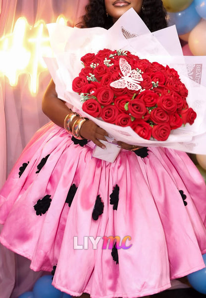 Pink Satin Ball Gown Mini Dress with Black 3D Flowers